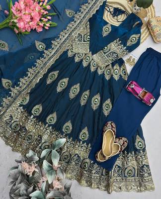 Blue silk blend embroidered anarkali kurta set with pant and dupatta 4