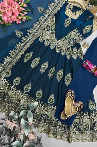 Blue silk blend embroidered anarkali kurta set with pant and dupatta