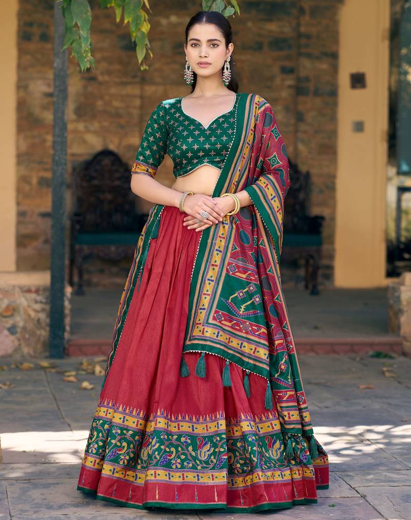 Wonderful Red Digital Printed Silk Wedding Wear Lehenga Choli