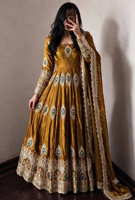 Gold  silk blend embroidered anarkali kurta set with pant and dupatta 1