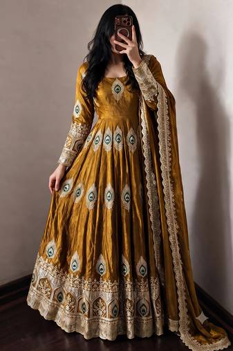 Gold  silk blend embroidered anarkali kurta set with pant and dupatta
