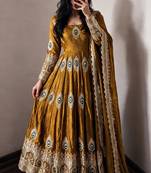 Gold  silk blend embroidered anarkali kurta set with pant and dupatta