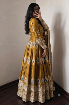 Gold  silk blend embroidered anarkali kurta set with pant and dupatta 2