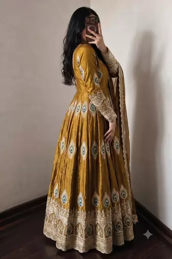 Gold  silk blend embroidered anarkali kurta set with pant and dupatta