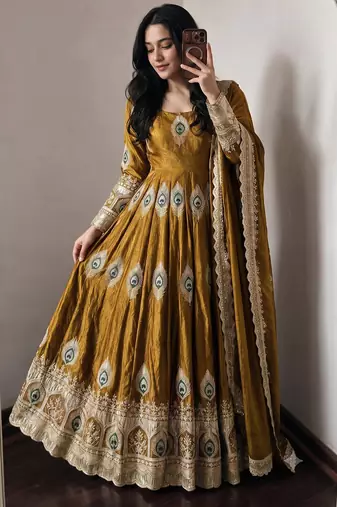 Gold  silk blend embroidered anarkali kurta set with pant and dupatta