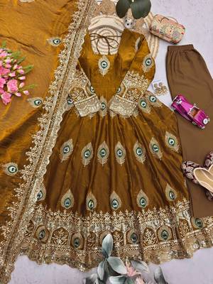 Gold  silk blend embroidered anarkali kurta set with pant and dupatta 4