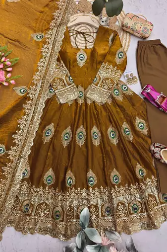 Gold  silk blend embroidered anarkali kurta set with pant and dupatta