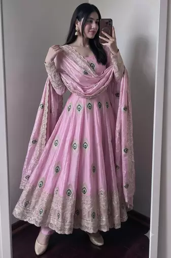 Light pink silk blend embroidered anarkali kurta set with pant and dupatta