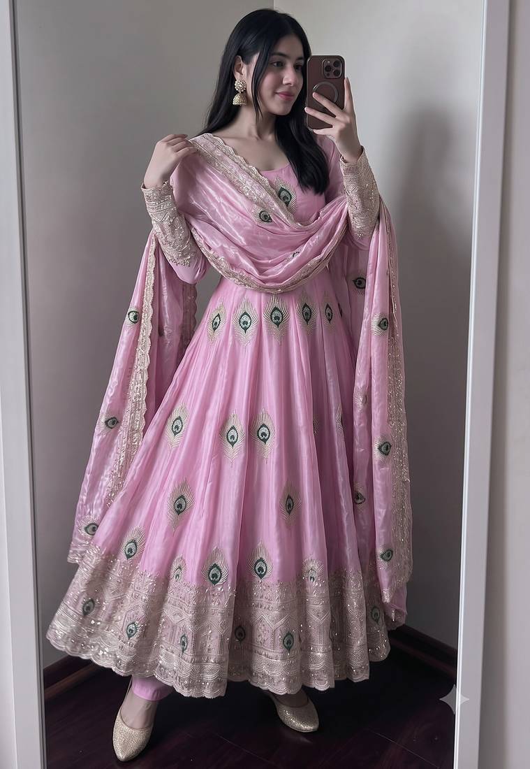 Light pink silk blend embroidered anarkali kurta set with pant and dupatta