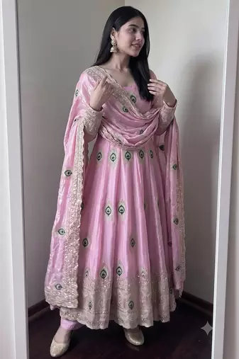 Light pink silk blend embroidered anarkali kurta set with pant and dupatta