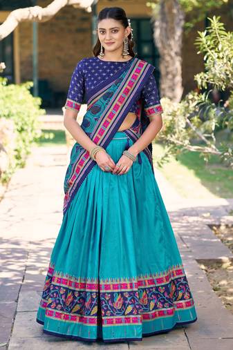 Graceful Sky Blue Printed Silk Marriage Wear Lehenga Choli With Dupatta