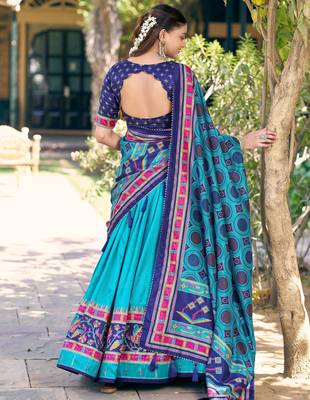 Graceful Sky Blue Printed Silk Marriage Wear Lehenga Choli With Dupatta 4