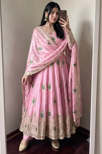 Light pink silk blend embroidered anarkali kurta set with pant and dupatta
