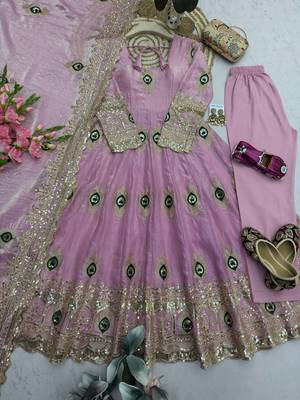 Light pink silk blend embroidered anarkali kurta set with pant and dupatta 4