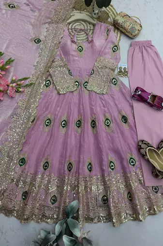 Light pink silk blend embroidered anarkali kurta set with pant and dupatta