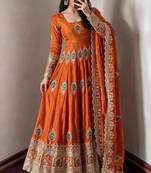 Orange  silk blend embroidered anarkali kurta set with pant and dupatta