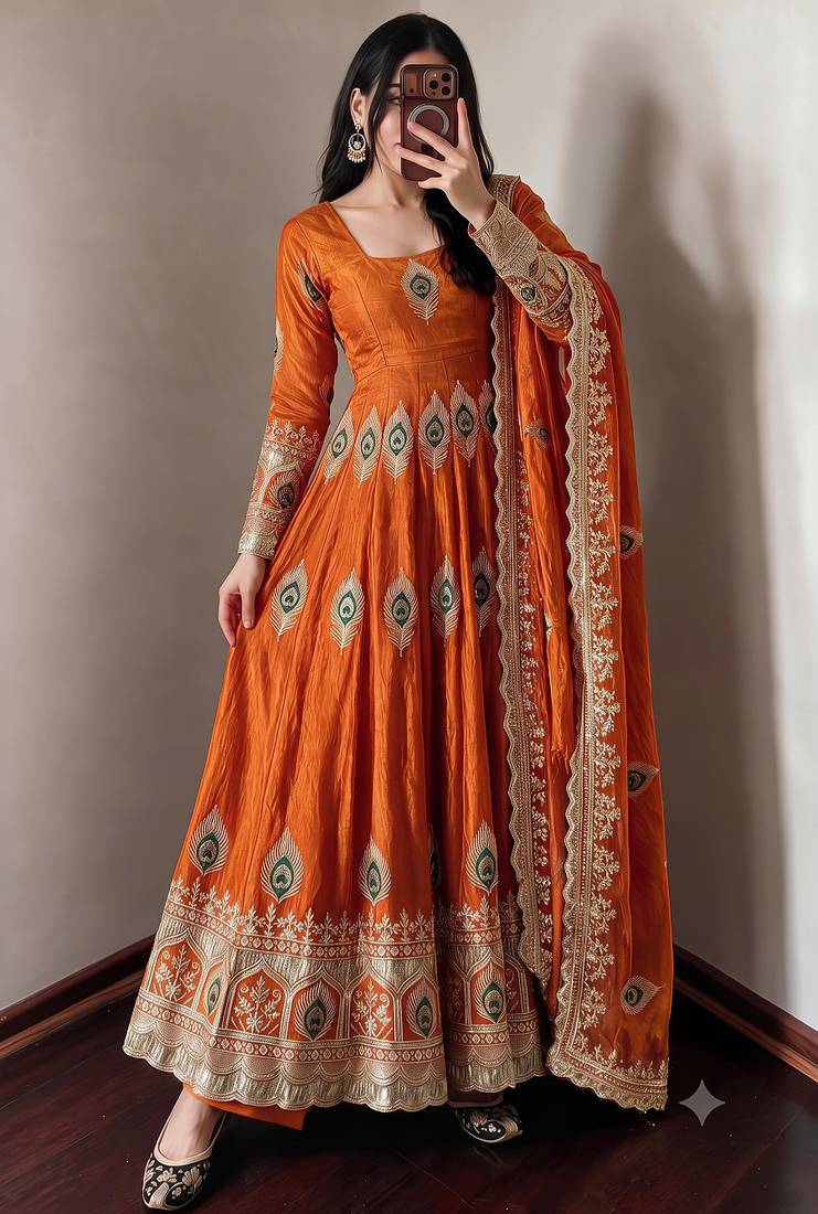 Orange  silk blend embroidered anarkali kurta set with pant and dupatta
