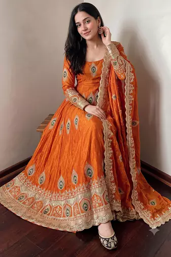 Orange  silk blend embroidered anarkali kurta set with pant and dupatta
