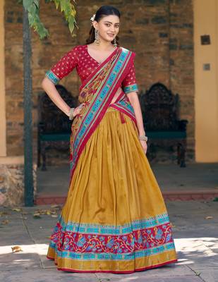 Chic Mustard Yellow Printed Silk Haldi Wear Lehenga Choli With Dupatta 1