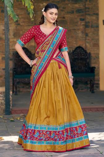 Chic Mustard Yellow Printed Silk Haldi Wear Lehenga Choli With Dupatta