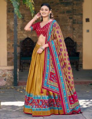 Chic Mustard Yellow Printed Silk Haldi Wear Lehenga Choli With Dupatta 2