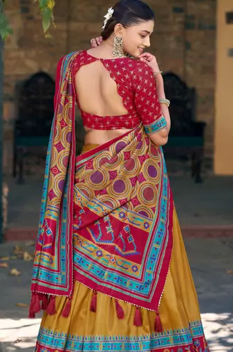 Chic Mustard Yellow Printed Silk Haldi Wear Lehenga Choli With Dupatta