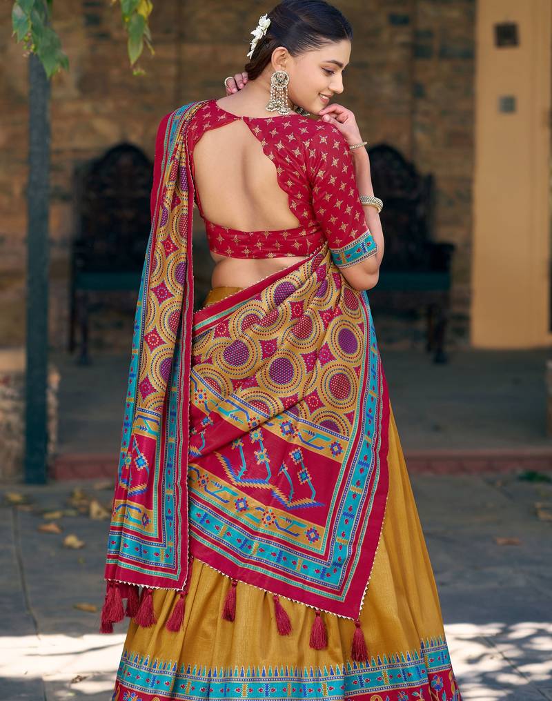 Chic Mustard Yellow Printed Silk Haldi Wear Lehenga Choli With Dupatta