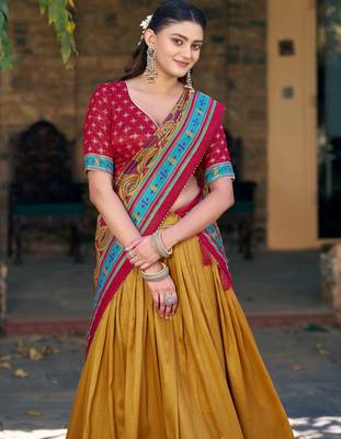 Chic Mustard Yellow Printed Silk Haldi Wear Lehenga Choli With Dupatta 4