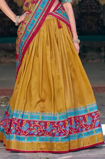 Chic Mustard Yellow Printed Silk Haldi Wear Lehenga Choli With Dupatta