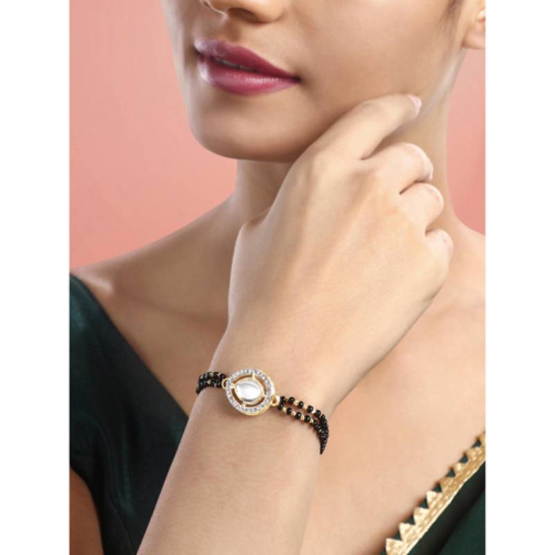 Gold-plated cubic zirconia stone studded & beaded wraparound bracelet