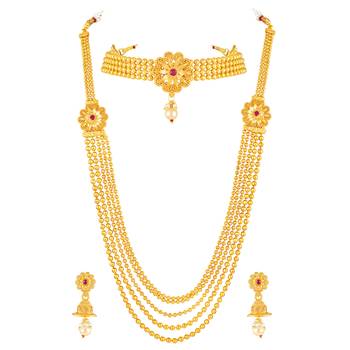 Women's faux ruby & beads studded short & long necklace jewelry set 1
