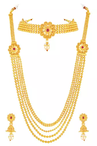 Women's faux ruby & beads studded short & long necklace jewelry set