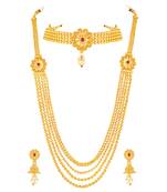 Women's faux ruby & beads studded short & long necklace jewelry set