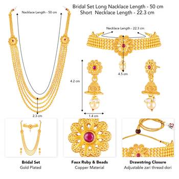 Women's faux ruby & beads studded short & long necklace jewelry set 3
