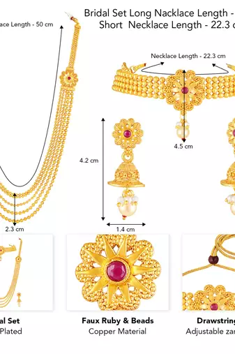 Women's faux ruby & beads studded short & long necklace jewelry set