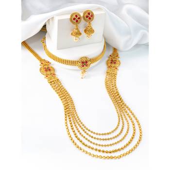 Women's faux ruby & beads studded short & long necklace jewelry set 1