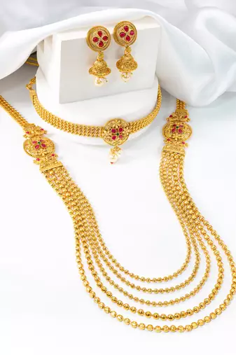 Women's faux ruby & beads studded short & long necklace jewelry set