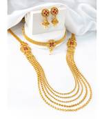 Women's faux ruby & beads studded short & long necklace jewelry set