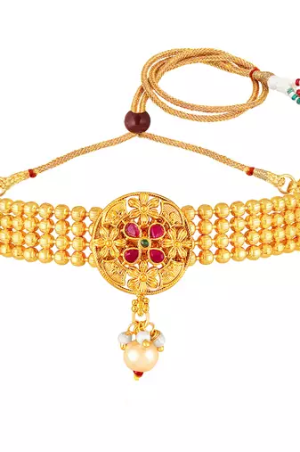 Women's faux ruby & beads studded short & long necklace jewelry set
