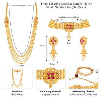 Women's faux ruby & beads studded short & long necklace jewelry set 4