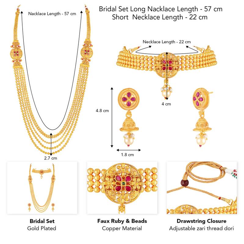 Women's faux ruby & beads studded short & long necklace jewelry set