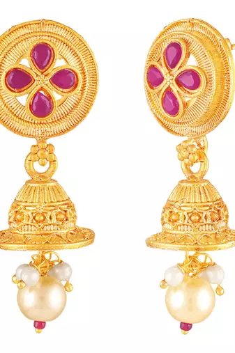 Women's faux ruby & beads studded short & long necklace jewelry set