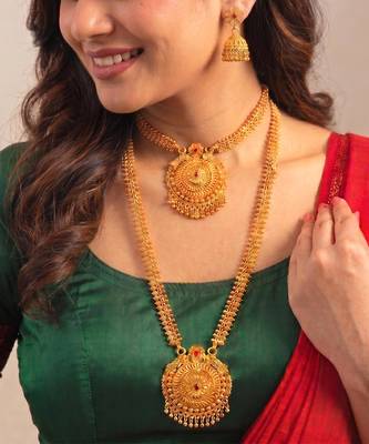 Short long necklace earrings set maharani haar south temple jewelry 1