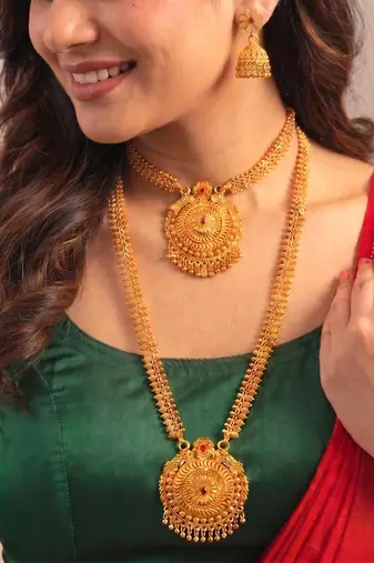 Short long necklace earrings set maharani haar south temple jewelry