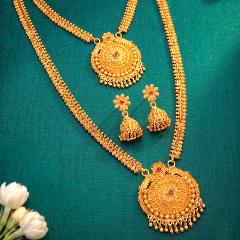 Short long necklace earrings set maharani haar south temple jewelry