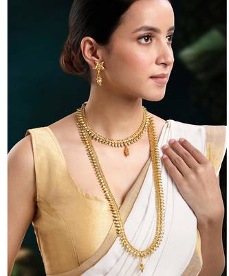 Women's gold toned maharani haar long necklace short necklace & drop 1