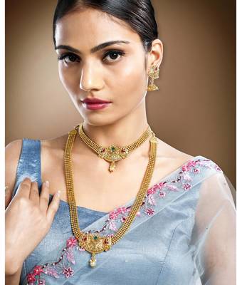 Women's gold toned synthetic stone & pearl studded peacock necklace set 1