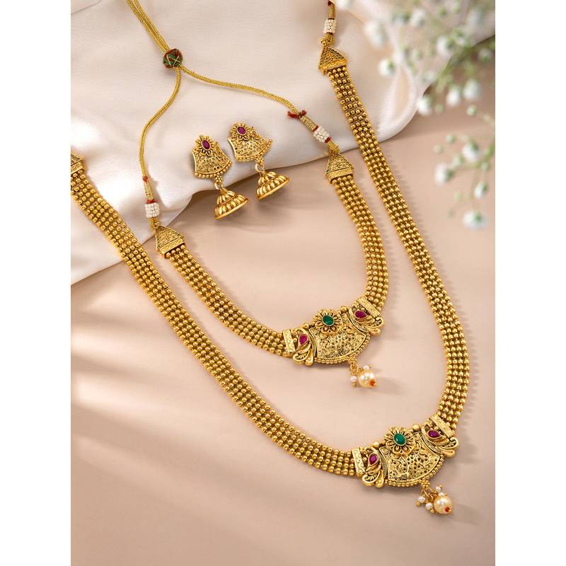 Women's gold toned synthetic stone & pearl studded peacock necklace set