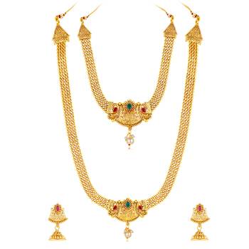 Women's gold toned synthetic stone & pearl studded peacock necklace set 3