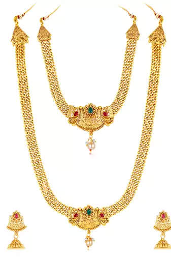 Women's gold toned synthetic stone & pearl studded peacock necklace set